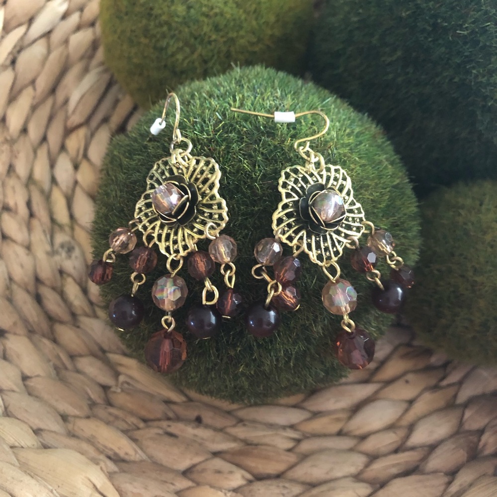 Boho Gold and Amber colored dangle earrings.